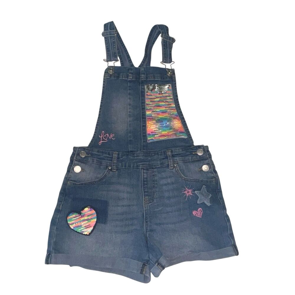 JORDACHE Bib Overall Shorts Blue Denim Girls Large 10-12 Sequins Heart Stars